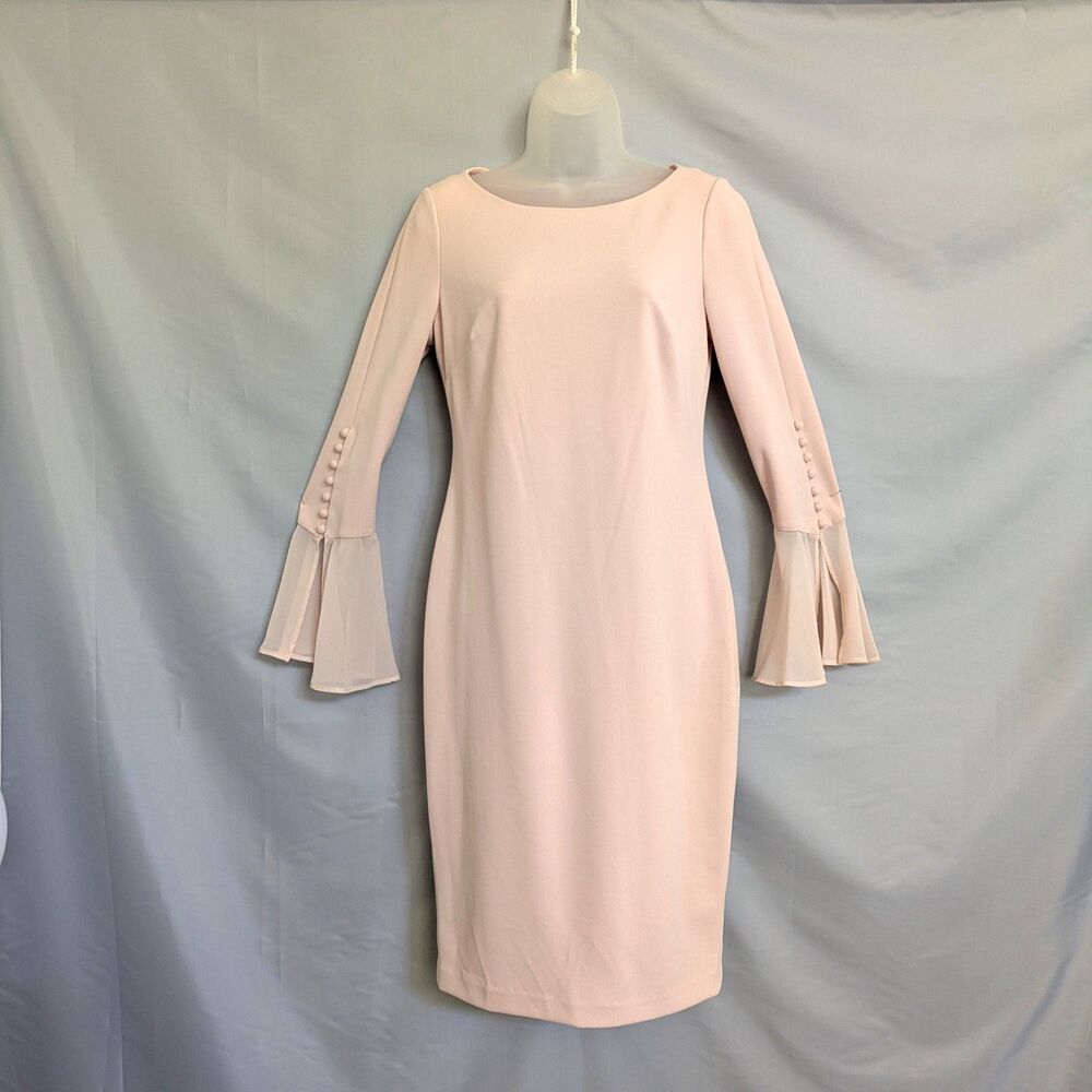 Calvin Klein Blush Pink Chiffon Bell Sleeve Sheath Dress Size 6 Button Detail - Picture 2 of 15